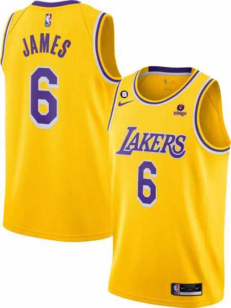 Mens Los Angeles Lakers #6 LeBron James Yellow No.6 Patch Stitched Basketball Jersey Dzhi